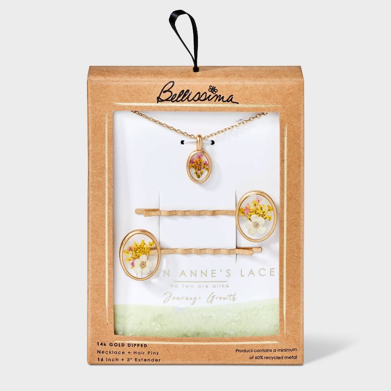 Bella Uno Bellissima Silver Plated KT Flash Pressed Flower Multi Ann&#39;s Lace Pendant Necklace and Bobby Pin Set 2pc - Gold, 1 of 4