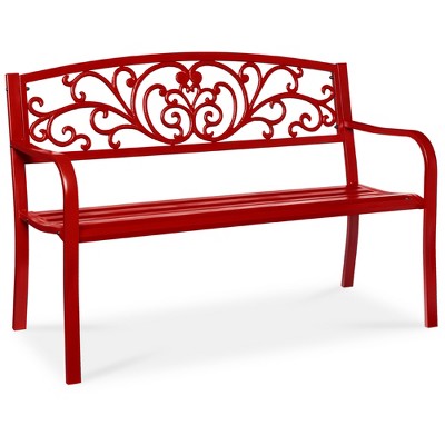 Best Choice Products Outdoor Steel Bench Garden Patio Porch Furniture w/ Floral Design Backrest - Red