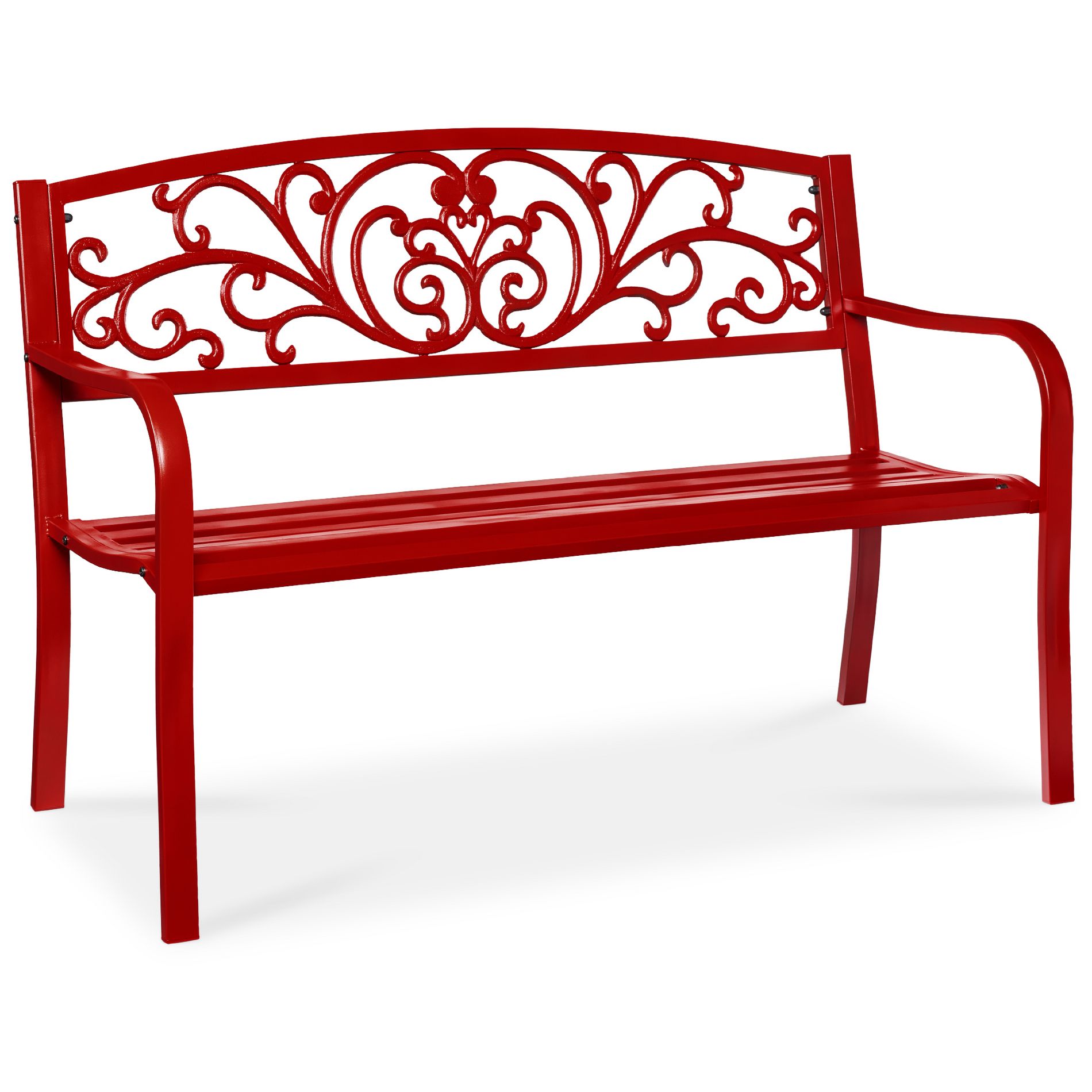 Best Choice Products Outdoor Steel Bench Garden Patio Porch Furniture w/ Floral Design Backrest - Red