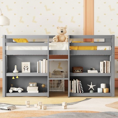 Twin Loft Beds With Full-length Guardrail, Integrated Ladder, Wood Slat Support Bed Frame With 2 Shelves, Game Room,Platform Bed Frame