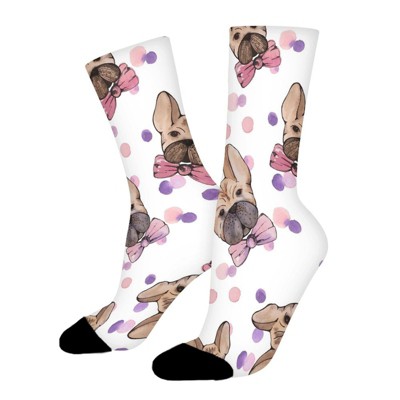 French Bull Dog Pink Blue Women Printed Crew Socks Funny Funky Socks Soft Polyester Novelty Gifts for Artists Men