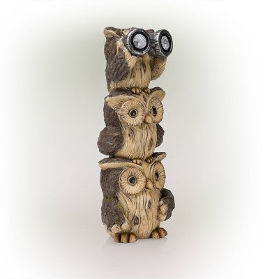 Solar-Powered Brown Polyresin Stacked Owl Lawn Decoration with LED Lights