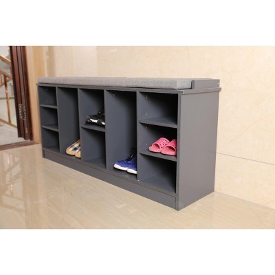 Gray Wooden Shoe Cubicle Storage Entryway Bench with Cushion