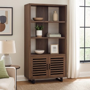 Doxx Bookcase, Slatted Cabinet, Black Open Frame Legs, Walnut