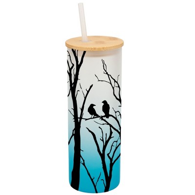 Elanze Designs Birds Resting on Tree Branches Wrap-Around Design 25 Ounce Frosted Gradient Glass On-The-Go Coffee Travel Skinny Tumbler Mug Cup,