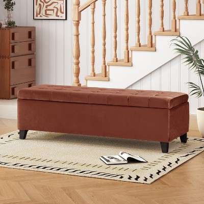 GDFStudio Wendover 50" Velvet/Fabric Tufted Pine Storage Ottoman with Birch Leg
