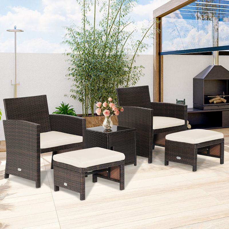 Costway 5PCS Patio Rattan Furniture Set Ottoman Cushioned W/Cover Space Saving Off White/Gray/Red/Turquoise, 2 of 11
