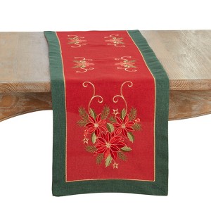Saro Lifestyle Linen Blend Embroidered Poinsettia Table Runner - 1 of 3