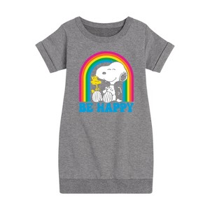 Girls' - Peanuts - Be Happy Rainbow Graphic Short Sleeve Fleece Dress - 1 of 4