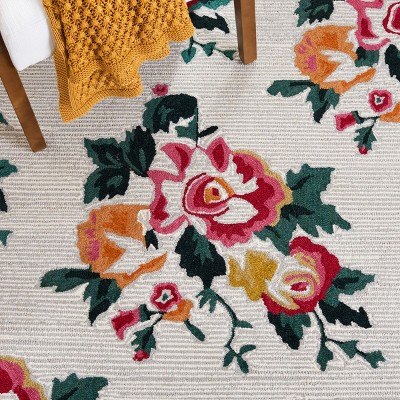 Ivory Floral Hand-Tufted Wool Square Area Rug, 6' x 6'