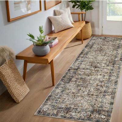 Washable Rug Living Room Rug Vintage Floral Rug Oriental Area Rug, Non Slip Low Pile Rug