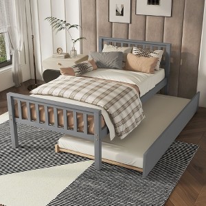 PAGED Full Size Bed Modern Pine Bed Frame with Trundle and Storage Headboard for Bedroom - 1 of 4