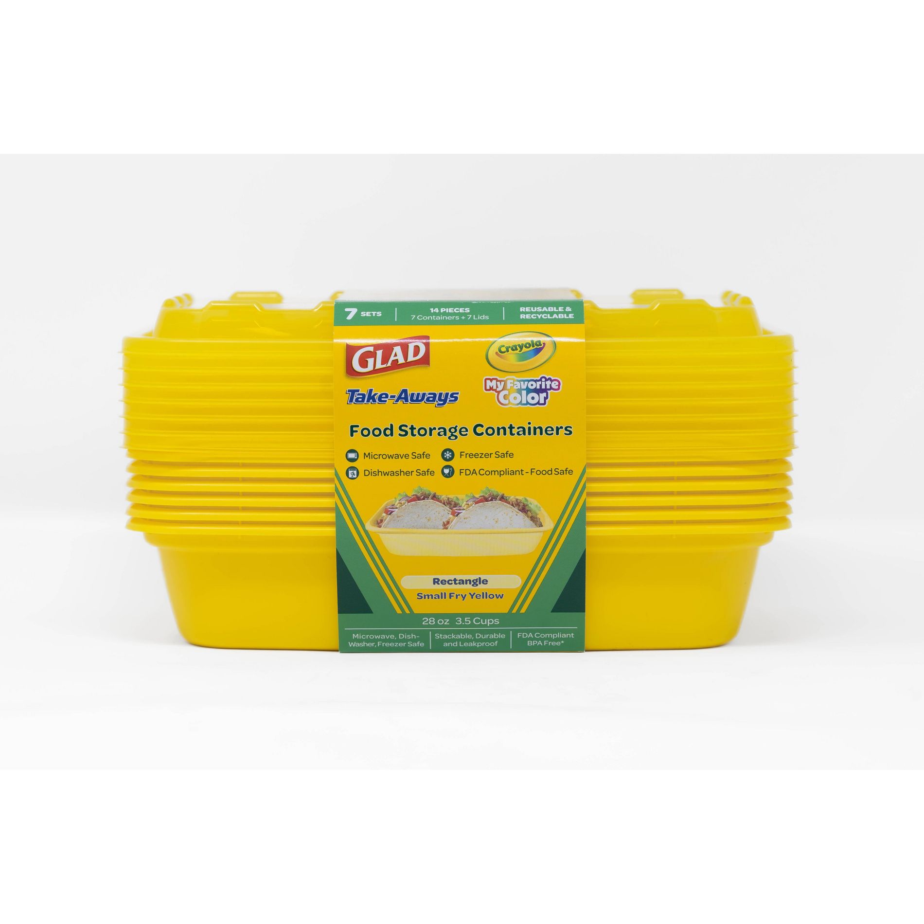 Glad Crayola Take-Aways 28oz/7pk Rectangle Food Storage Containers - Small Fry Yellow