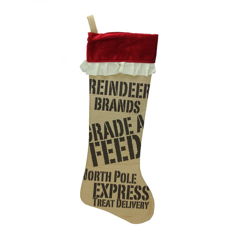 Sterling 24" Beige and Red Reindeer Feed Sack Christmas Stocking, 1 of 2