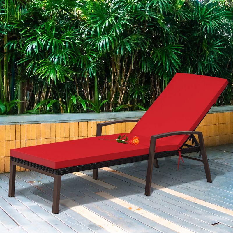 Costway Patio Rattan Lounge Chair Chaise Recliner Back Adjustable Cushioned Outdoor Red, 4 of 9
