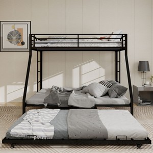 Okak Twin/Full Robust Metal Bunk Bed with Ladders & Rolling Trundle,Contemporary Bed Frame for Bedroom,Dormitory - 1 of 4