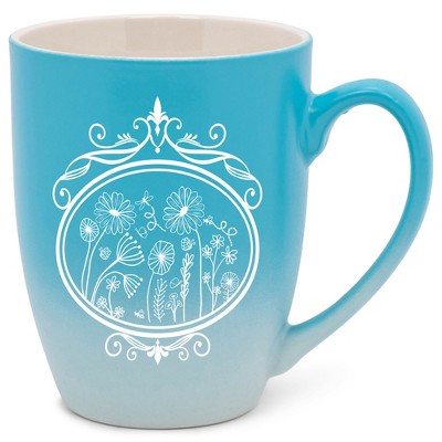 Elanze Designs Flowers in Circle Two Toned Ombre Matte Teal and White 12 ounce Ceramic Stoneware Coffee Cup Mug