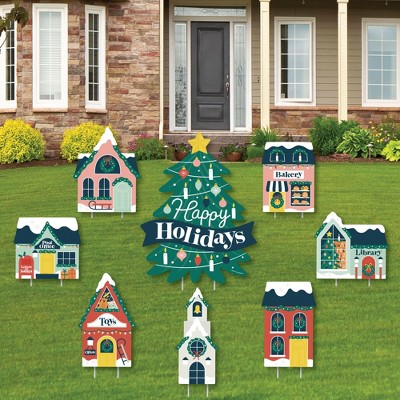 Big Dot of Happiness Christmas Village - Yard Sign and Outdoor Lawn Decorations - Holiday Winter Houses Yard Signs - Set of 8