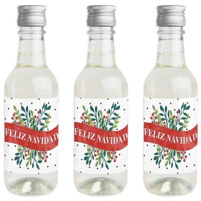 Big Dot of Happiness Feliz Navidad - Mini Wine and Champagne Bottle Label Stickers - Spanish Christmas Party Favor Gift for Women and Men - Set of 16