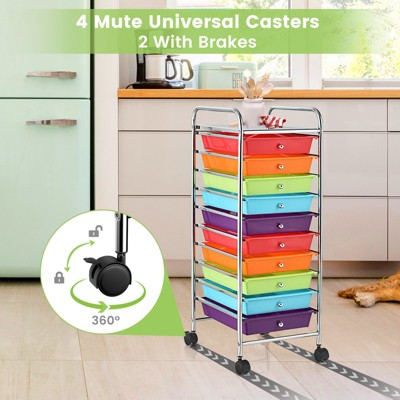 Multicolor 10-Drawer Rolling Storage Cart with Chrome Frame