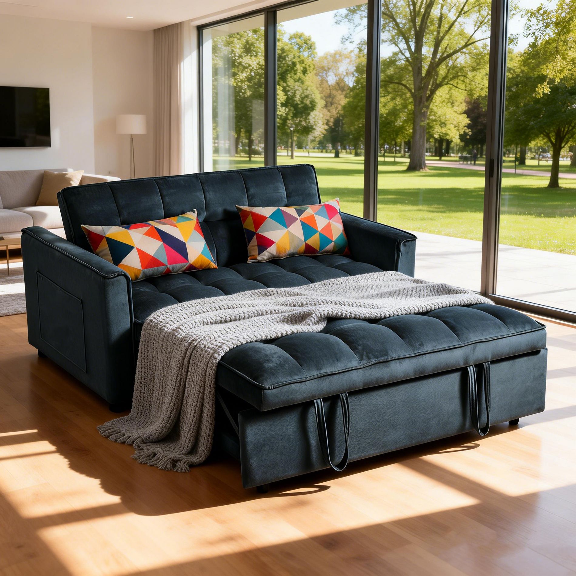 Wooakway 3-in-1 Convertible Velvet Sofa Bed Pull Out Queen Size with Adjustable Backrest Sofa Couch Bed in Gray/Black/Blue