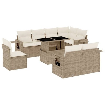 vidaXL 9 Piece Patio Sofa Set with Cushions Beige and Cream Poly Rattan - Without Storage