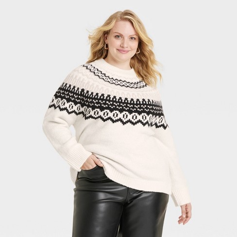 Women s Crewneck Pullover Sweater Universal Thread Cream Fairisle 2x Target