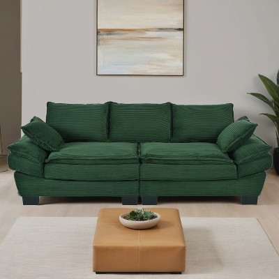 85.4" Modern Curved Corduroy Fabric Sofa, Back Upholstered Couch with 2 Decorative Throw Pillows - Leovsnove