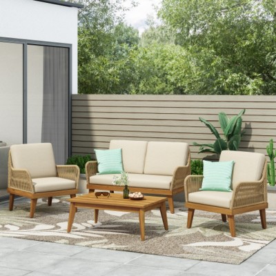 4-Piece Woven Rope Patio Conversation Set with Cushions, All-Weather Acacia Wood Outdoor Seating for Deck, Porch, or Backyard-The Pop Home