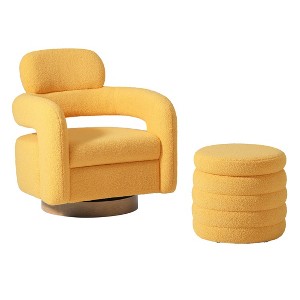 WestinTrends Alexandria Mid-Century Modern Faux Shearling Swivel Barrel Accent Chair With Storage Ottoman - 1 of 4