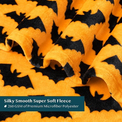 Halloween Bat Pattern Fleece Throw Blanket, 50x60, Orange and Black
