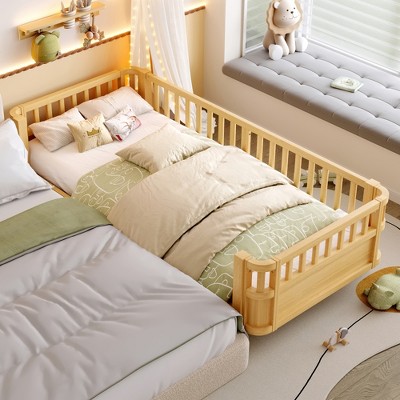 Lycvki Wood Platform Bed with Safety Guardrails and Detachable Fence