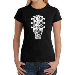 LA Pop Art Women's Word Art T-Shirt - Guitar Head Music Genres - 1 of 4