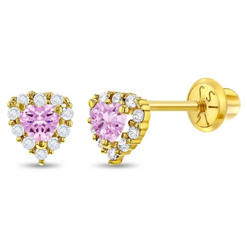 14k Gold Tiny Bezel Birthstone CZ Baby / Toddler / Kids Earrings Safet