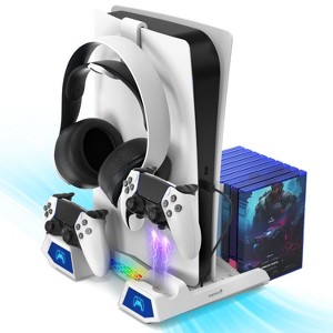 Fosmon For PS5 Cooling Station with PS5 Controller Charger Station For PS5 Pro Slim, PS5 Stand, PS5 Dock with Fan with RGB Headset Hook 15 Disc Holder - 1 of 4