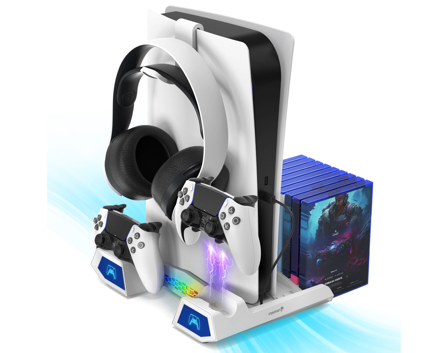 Fosmon For PS5 Cooling Station with PS5 Controller Charger Station For PS5 Pro Slim, PS5 Stand, PS5 Dock with Fan with RGB Headset Hook 15 Disc Holder