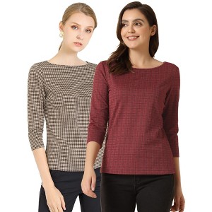 INSPIRE CHIC Women's Work Office 3/4 Sleeve Boat Neck Houndstooth Printed Blouse 2 Packs - 1 of 4