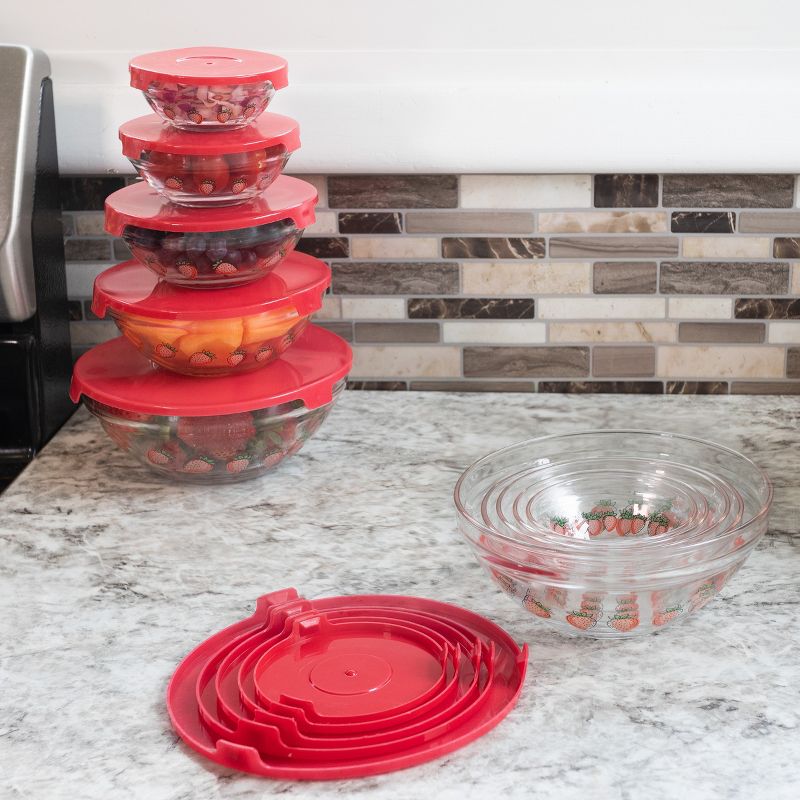 Classic Cuisine 20-Piece Strawberry Design Glass Bowls with Lids Set, 3 of 7