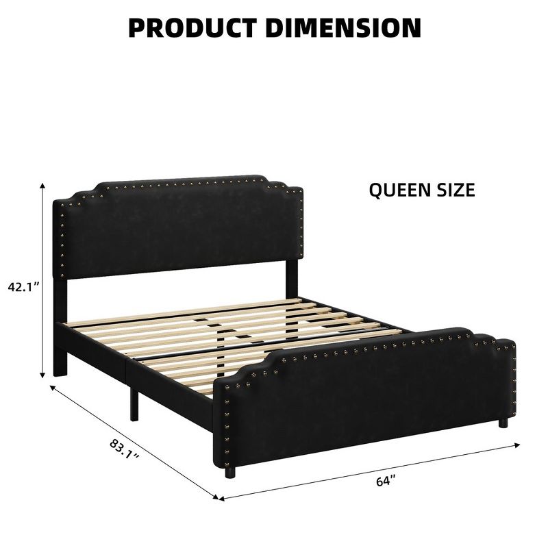 Velvet Upholstered Platform Bed Frame with Rivet Decor Headboard, 2 of 8