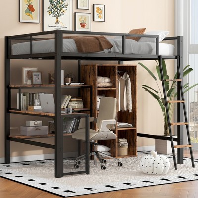 Full Size Metal Loft bed with Built-in Desk, Wardrobe and Shelves
