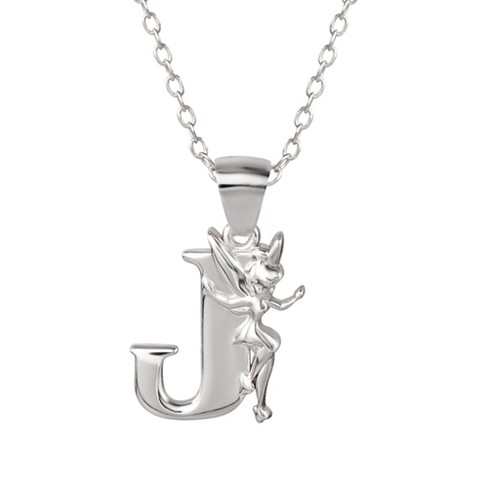 Disney Tinkerbell J Initial Silver Pendant Necklace
