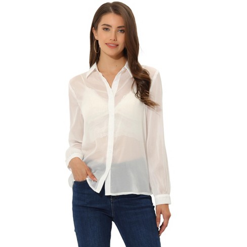 The Collared Ruffle See-through Blouse - Women's White Long Sleeve