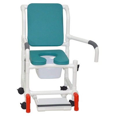 MJM International Corporation Shower Chair 18 In Width 3 In Seat Blue Cushion Padded Back Arms Sliding Footrest 10 Qt Slide Mode Pail Front 300 Lb Wt