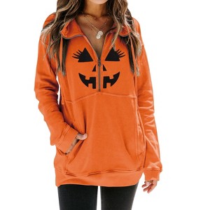 Nlife Women Merry Christmas Print Zipper Up Long Sleeve Kangaroo Pocket Sweatshirt Top - 1 of 4