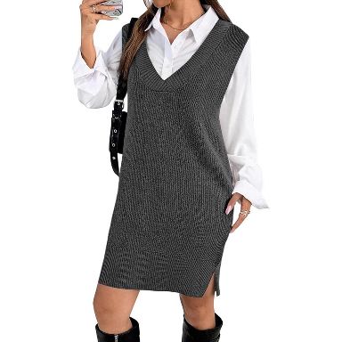 vest dress winter Zeagoo Women's V Neck Sweater Oversized Sleeveless Casual Pullover Sweater Fall Knit Slit Short Dress Deep Grey L Buy Maya Deluxe Women's MACYM-CL lined interior for added Size:Confection Sur-Mesure
