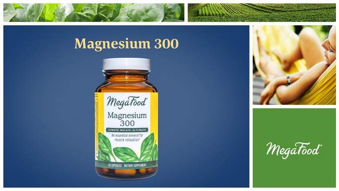 MegaFood Magnesium Supplement, 300mg Magnesium Glycinate, Citrate &#38; Malate Vegetarian Capsules - 60ct, 2 of 12, play video