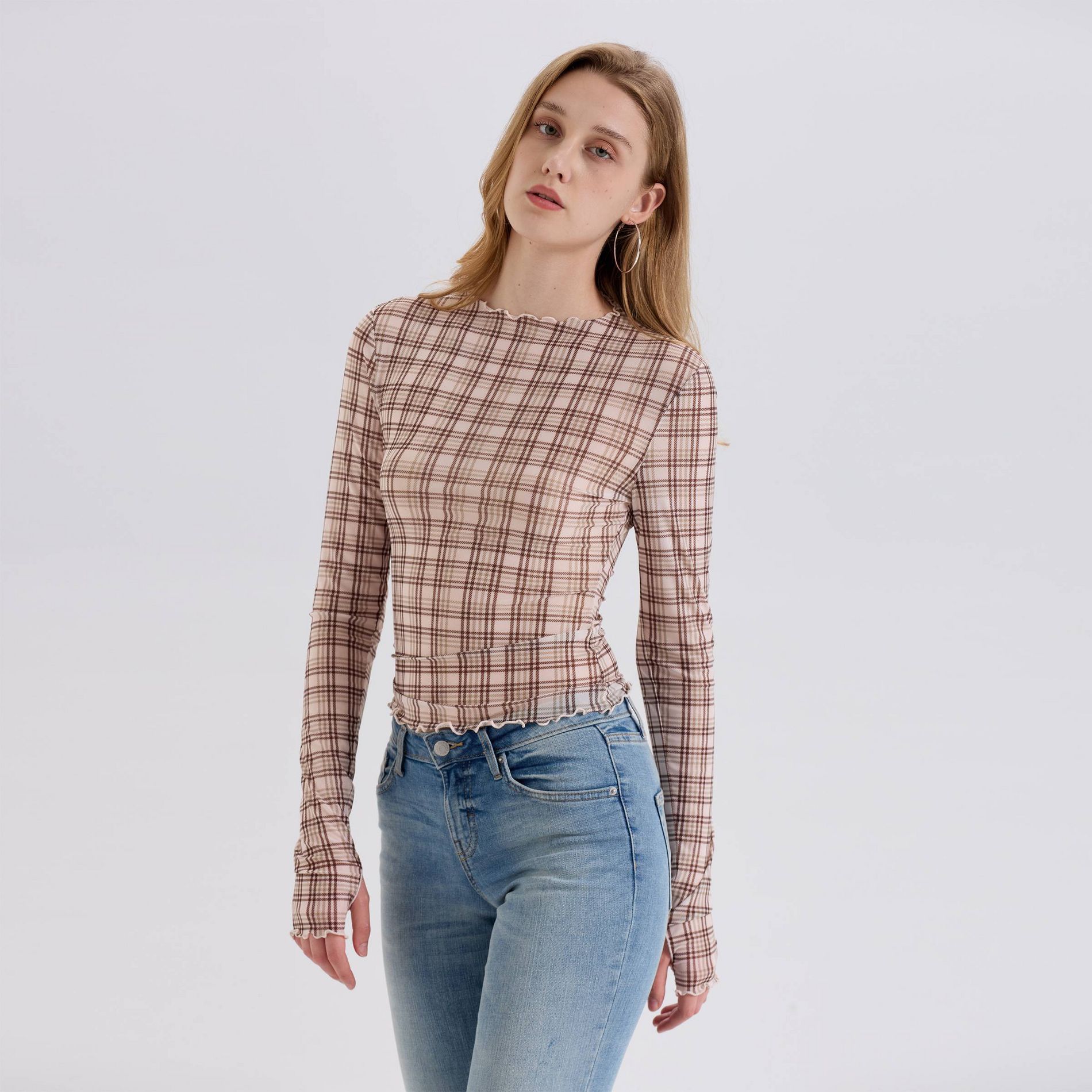 Women's Long Sleeve High Neck Mesh Top - Wild Fable™ Beige Plaid L