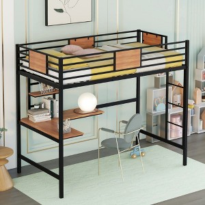 ALEXOUN Metal Loft Bed Frame with Desk and Storage Bookshelf,Full-Length Guardrails and Ladders,for Teens Adults, No Box Spring Needed - 1 of 4