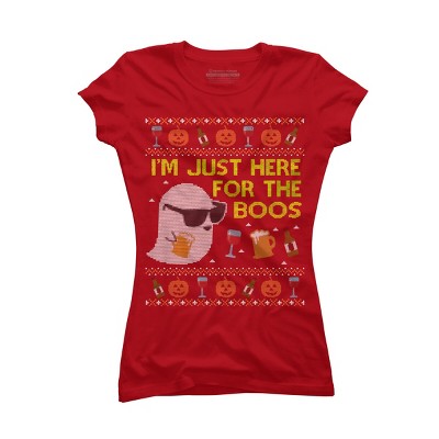 Junior's Design By Humans Funny Here For The Boos Ugly Halloween Sweater By DragonTee T-Shirt