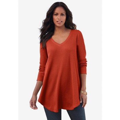 Roaman's Plus Size Knit Thermal V Neck Swing Tunic – Long Sleeve